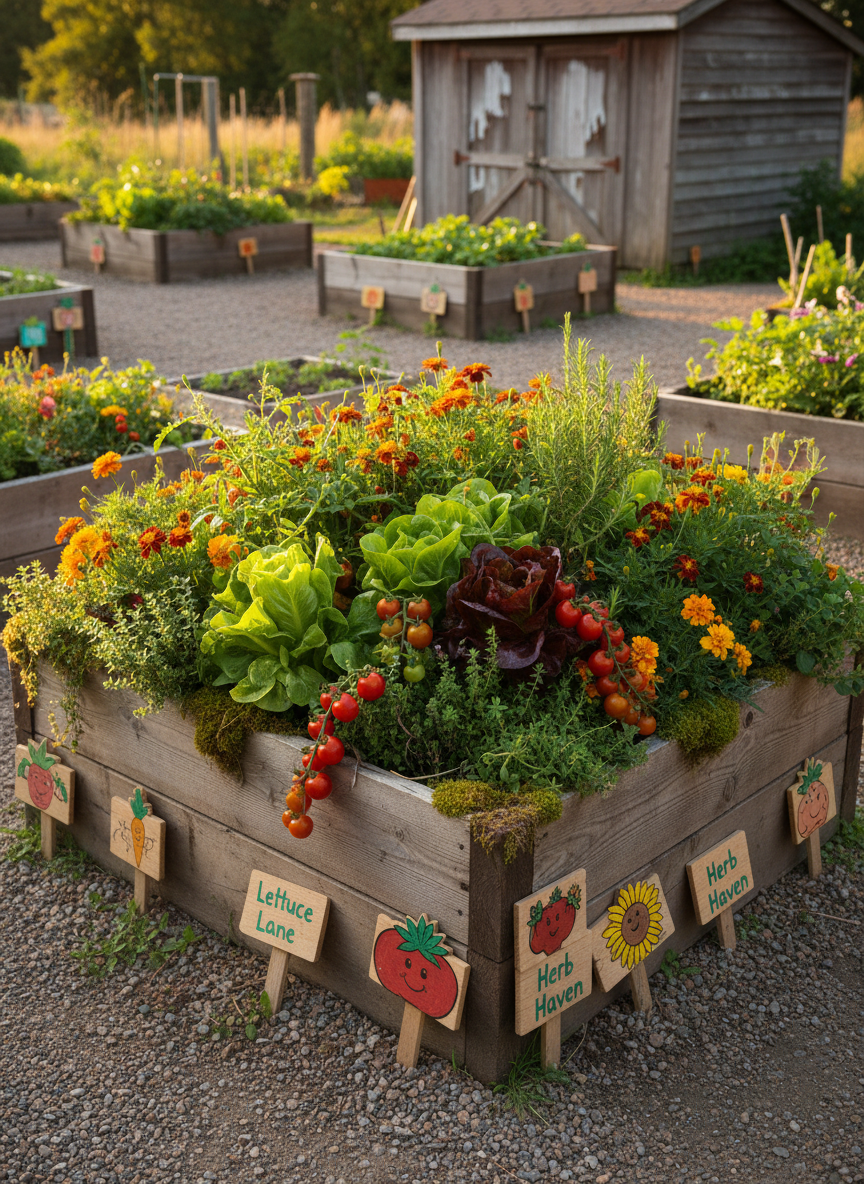 A richly detailed raised garden bed overflowing with vibrant lettuces, cherry tomatoes on the vine, bright marigolds, and trailing herbs, all in different shades of green, red, and gold. The wooden bed, made of weathered cedar planks with visible grain and soft moss at the corners, sits in the center of a small community garden. Around it, painted signs with playful hand-drawn vegetables mark each section. Late afternoon sunlight bathes the scene in a warm, golden glow, creating gentle shadows between the leaves. Photographic realism from a slightly elevated, eye-level angle, with a shallow depth of field that keeps the foreground plants crisp while the background garden path and tool shed blur softly, conveying a peaceful, hopeful atmosphere.